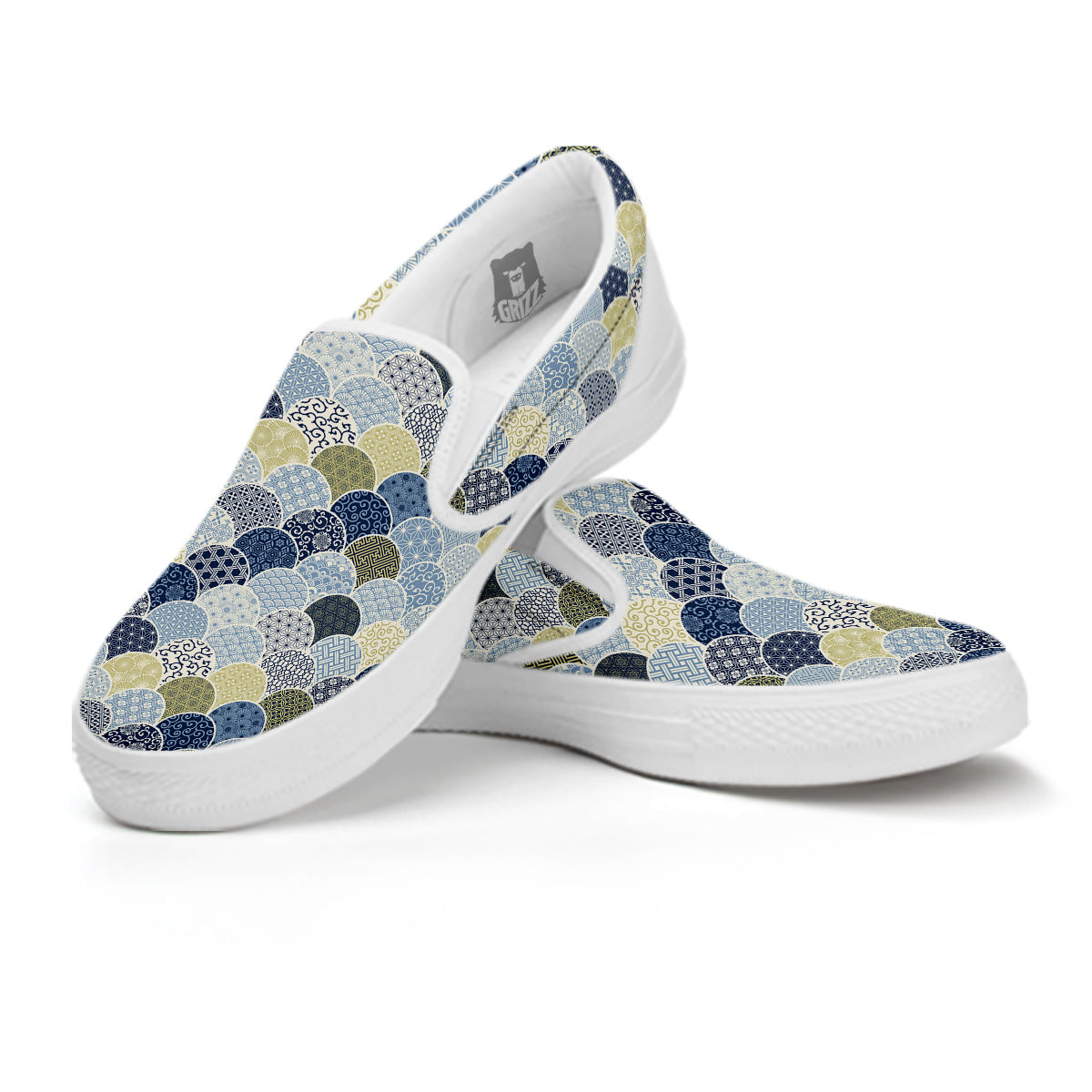 Patchwork Blue Traditional Japanese Print Pattern White Slip On Shoes-grizzshop