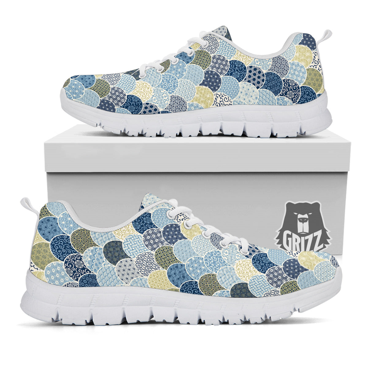 Patchwork Blue Traditional Japanese Print Pattern White Sneaker-grizzshop