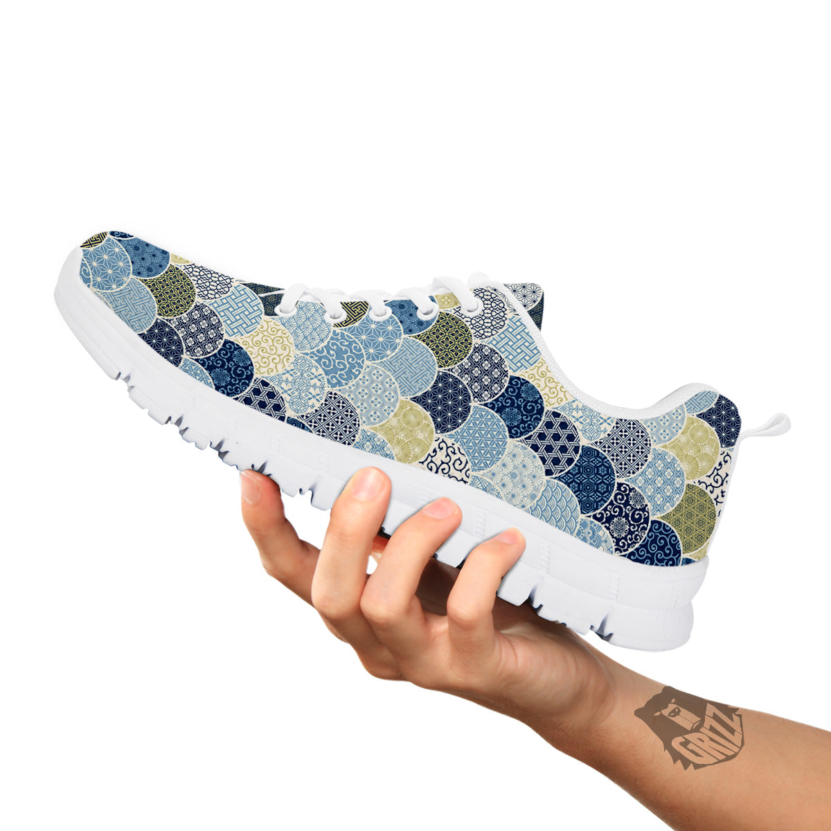 Patchwork Blue Traditional Japanese Print Pattern White Sneaker-grizzshop