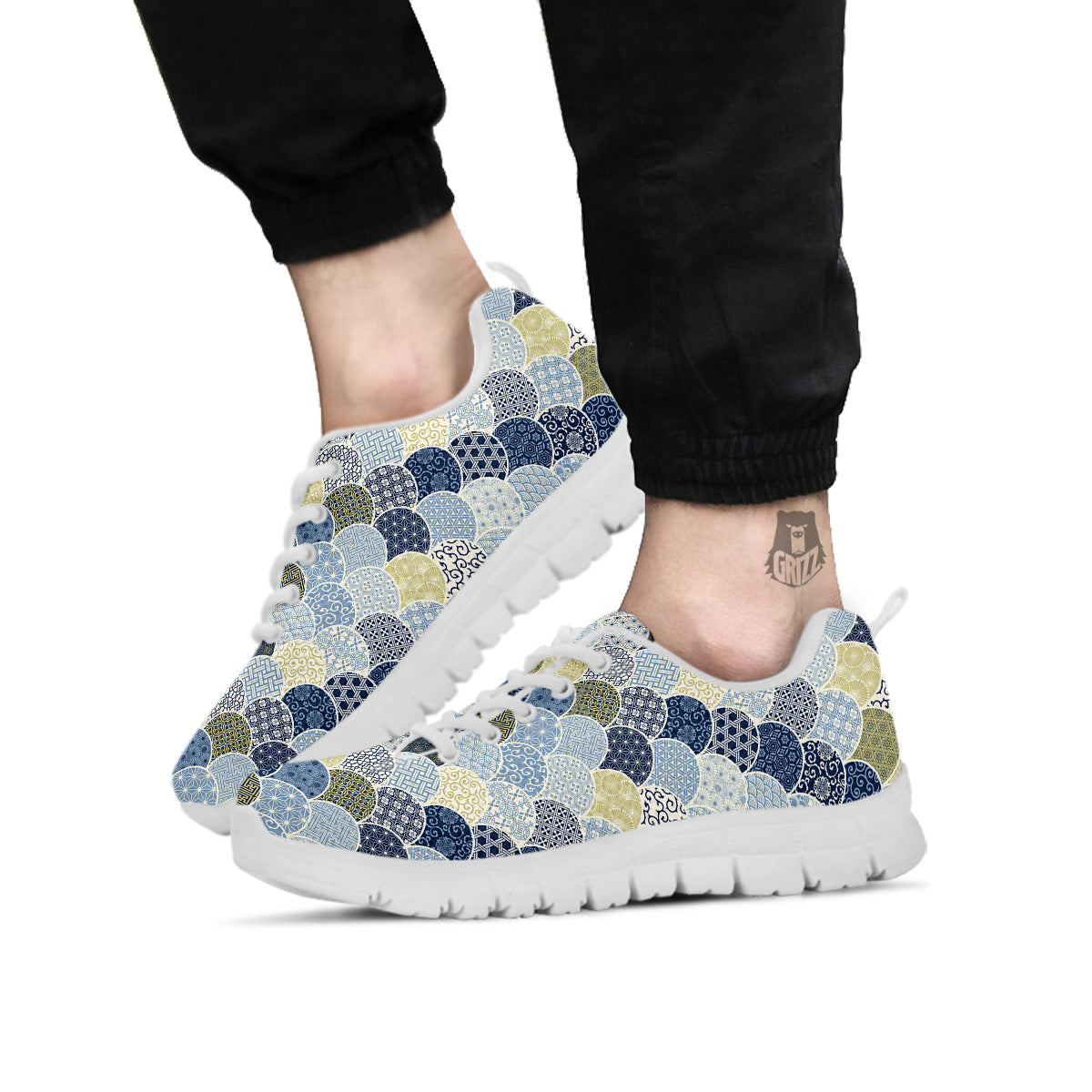 Patchwork Blue Traditional Japanese Print Pattern White Sneaker-grizzshop