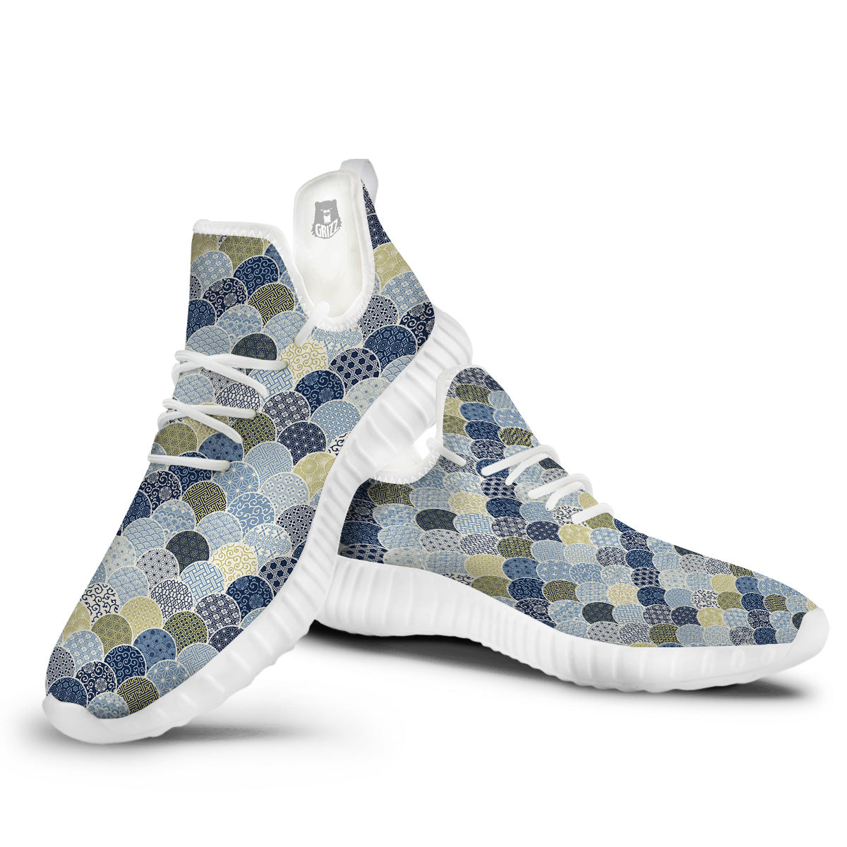 Patchwork Blue Traditional Japanese Print Pattern White Walking Shoes-grizzshop