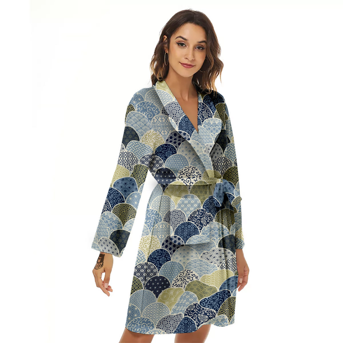 Patchwork Blue Traditional Japanese Print Pattern Women's Robe-grizzshop