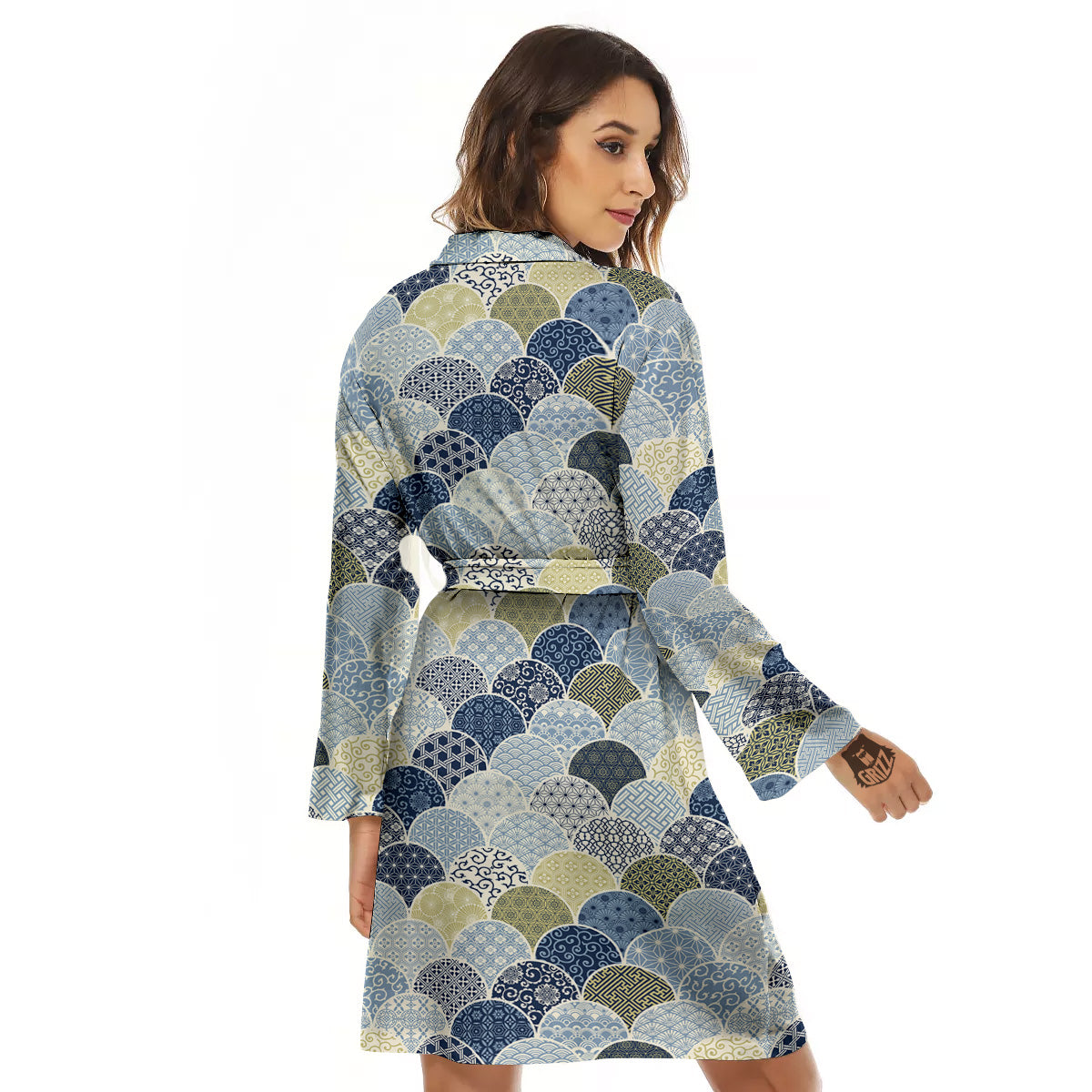 Patchwork Blue Traditional Japanese Print Pattern Women's Robe-grizzshop