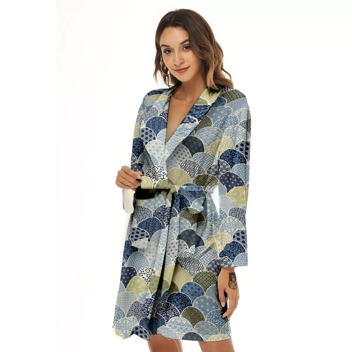 Patchwork Blue Traditional Japanese Print Pattern Women's Robe-grizzshop