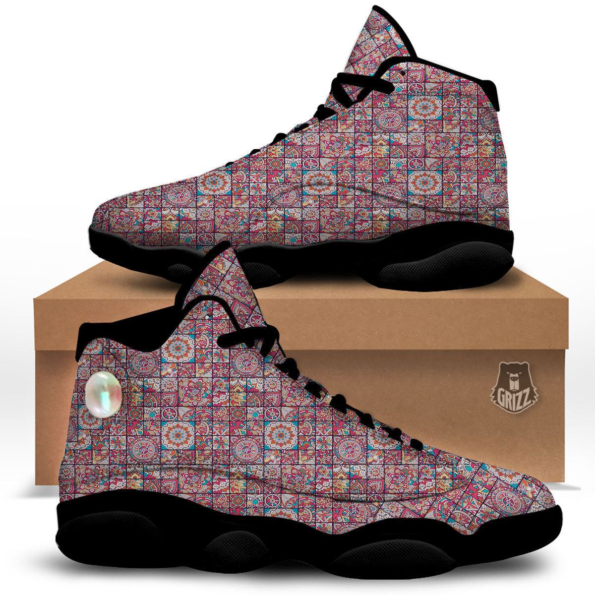 Patchwork Bohemian Print Pattern Black Basketball Shoes-grizzshop