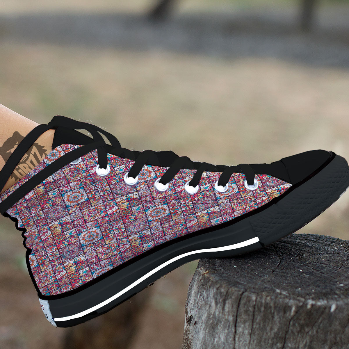 Patchwork Bohemian Print Pattern Black High Top Shoes-grizzshop