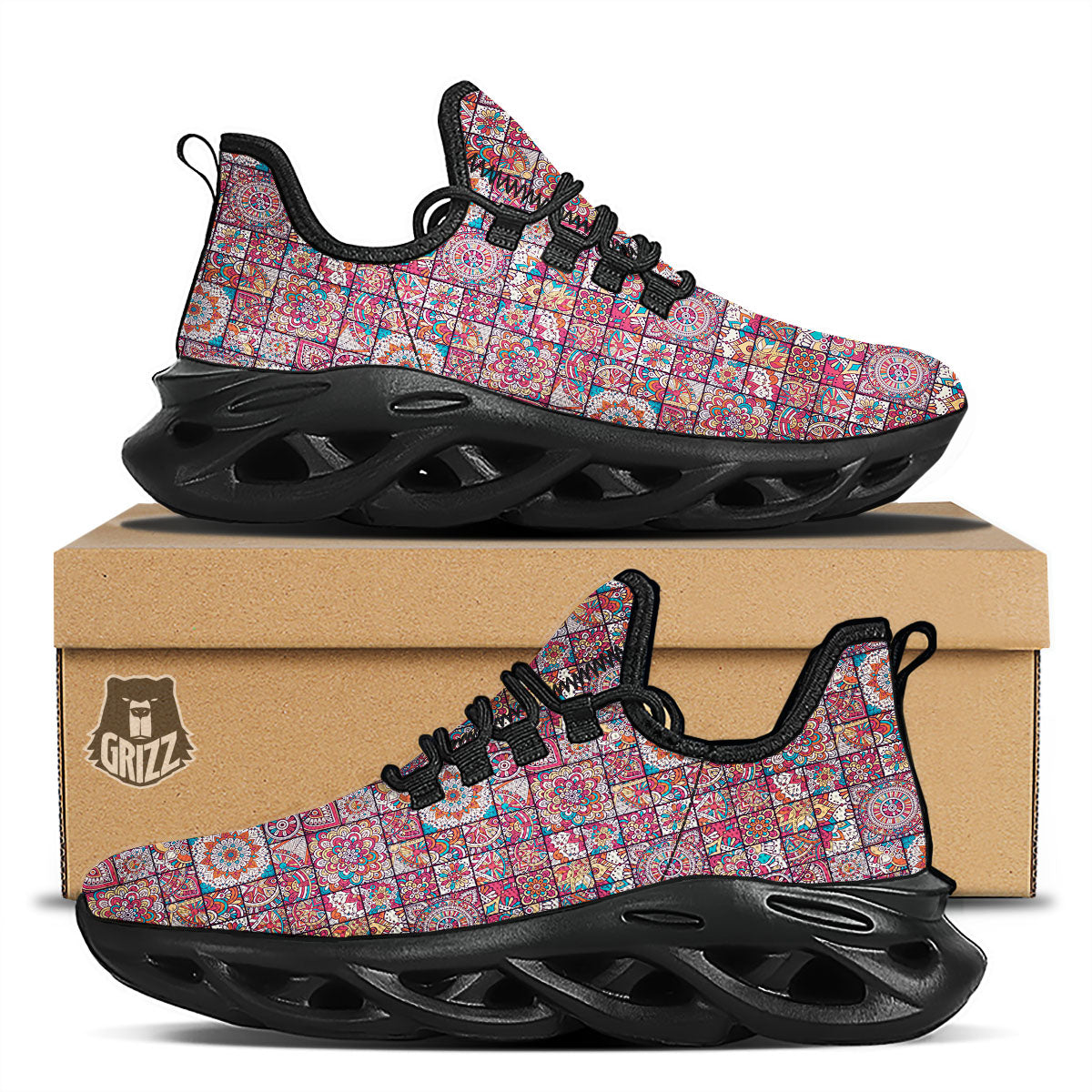 Patchwork Bohemian Print Pattern Black Running Shoes-grizzshop