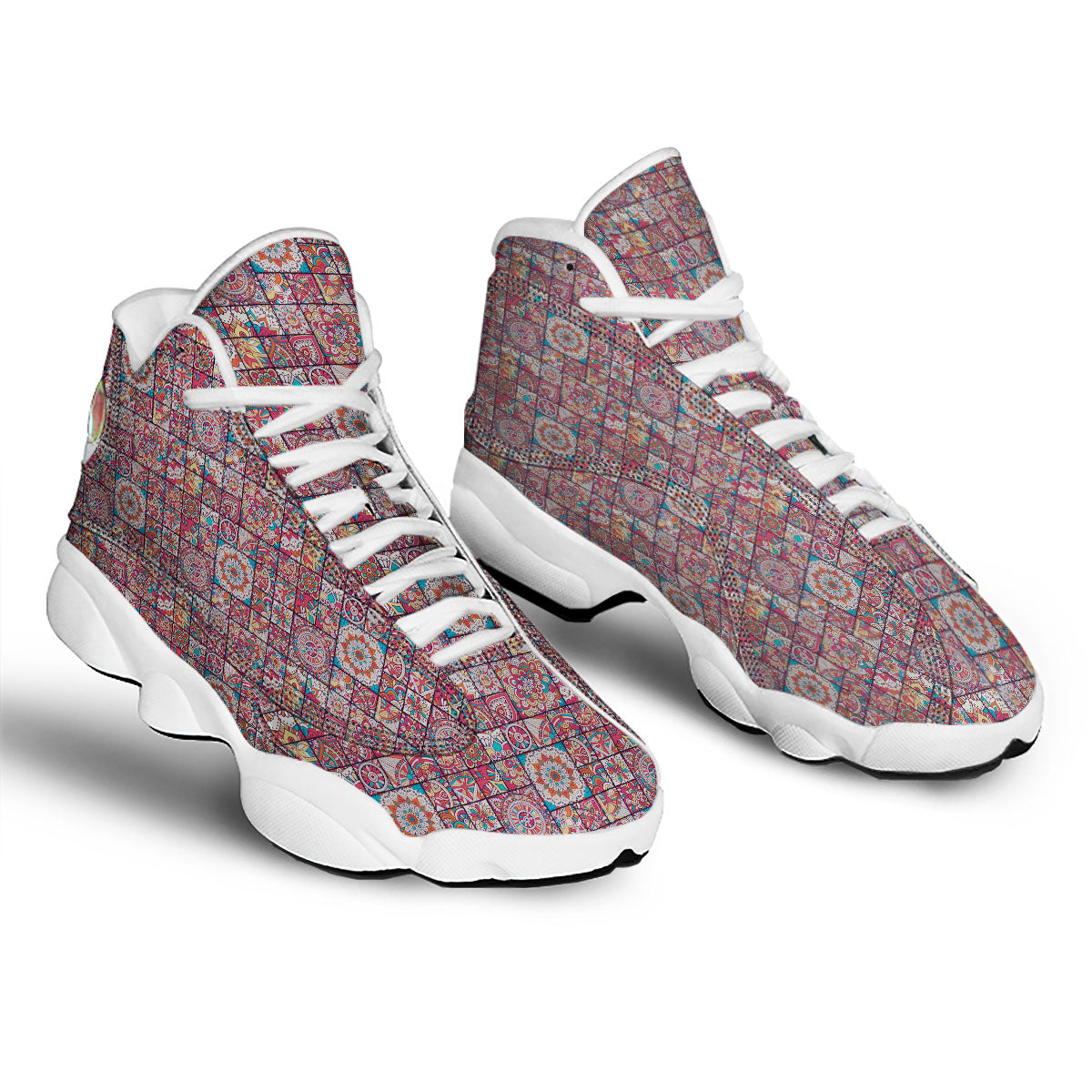 Patchwork Bohemian Print Pattern White Basketball Shoes-grizzshop