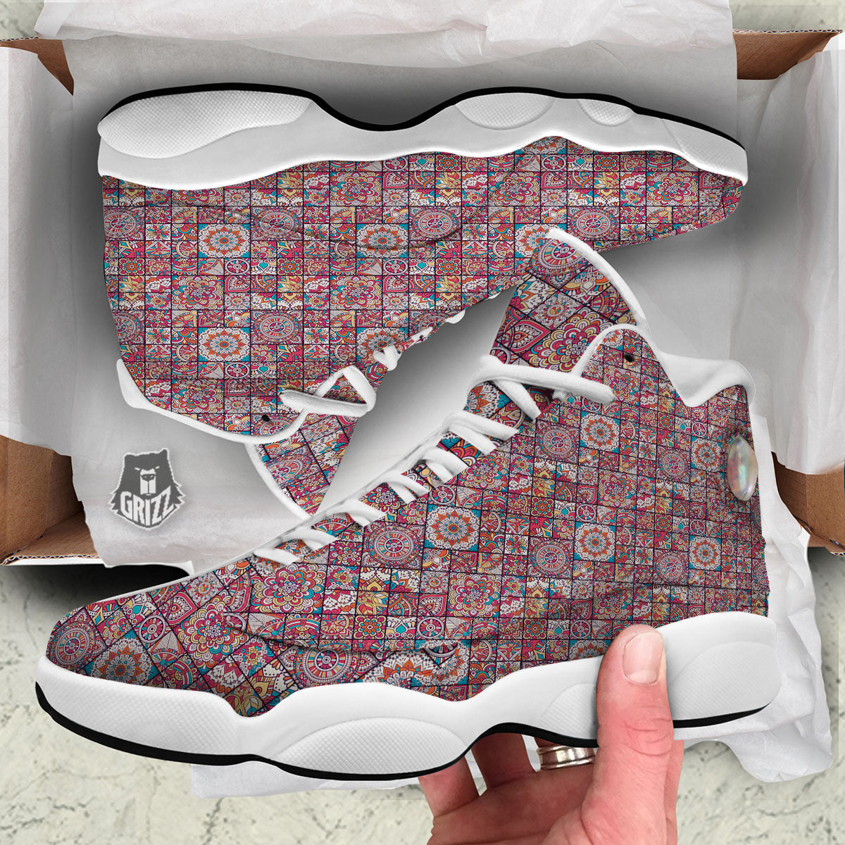 Patchwork Bohemian Print Pattern White Basketball Shoes-grizzshop