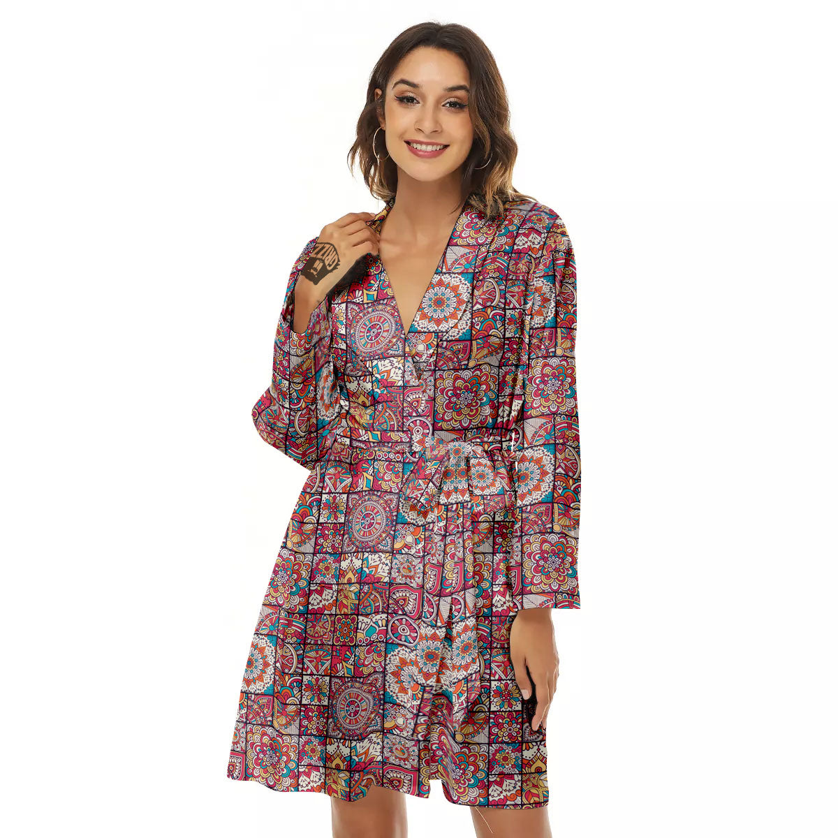 Patchwork Bohemian Print Pattern Women's Robe-grizzshop