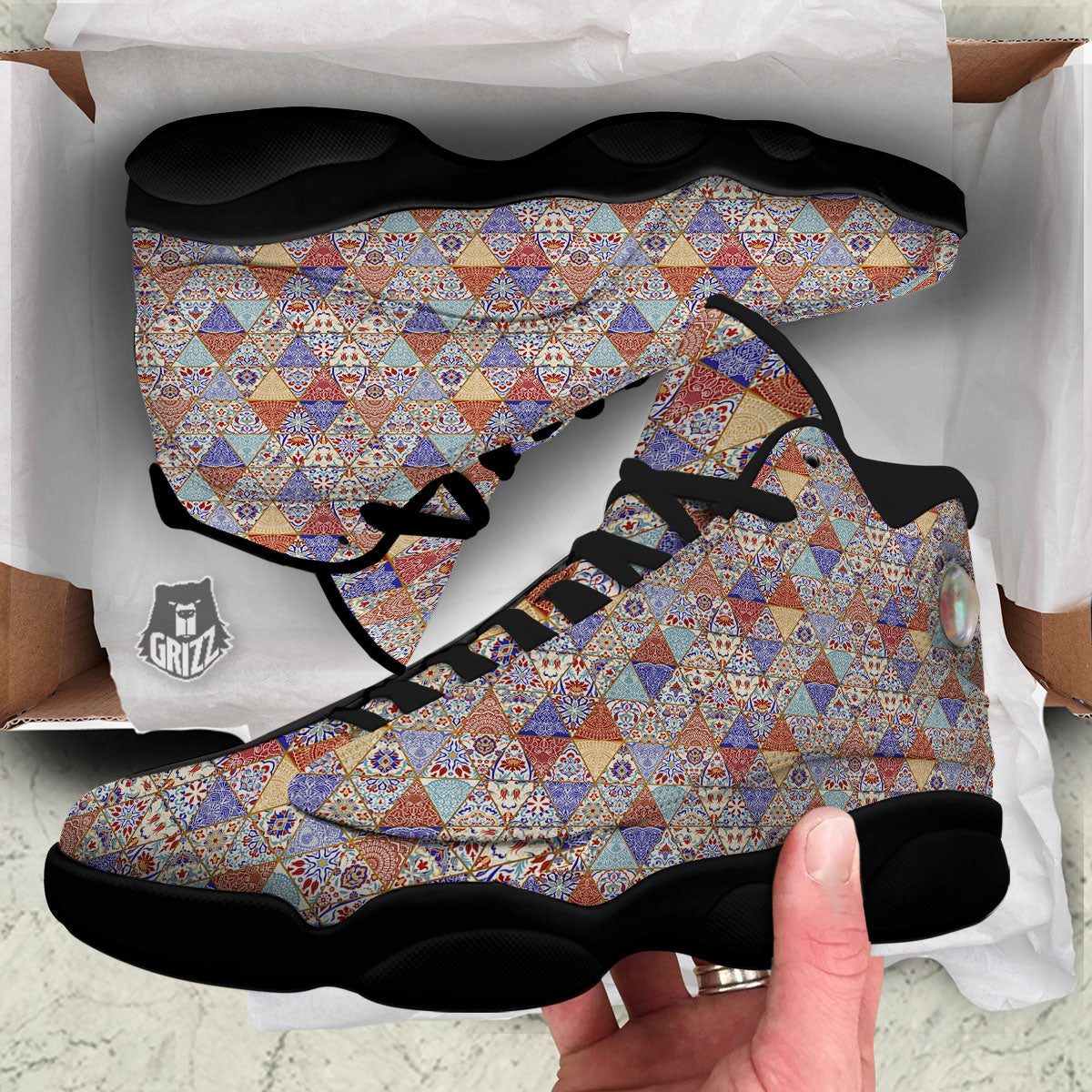 Patchwork Boho Mandala Print Pattern Black Basketball Shoes-grizzshop