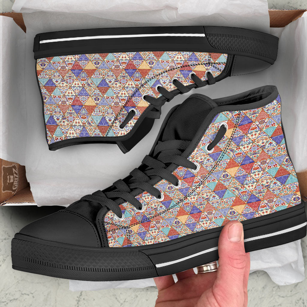 Patchwork Boho Mandala Print Pattern Black High Top Shoes-grizzshop