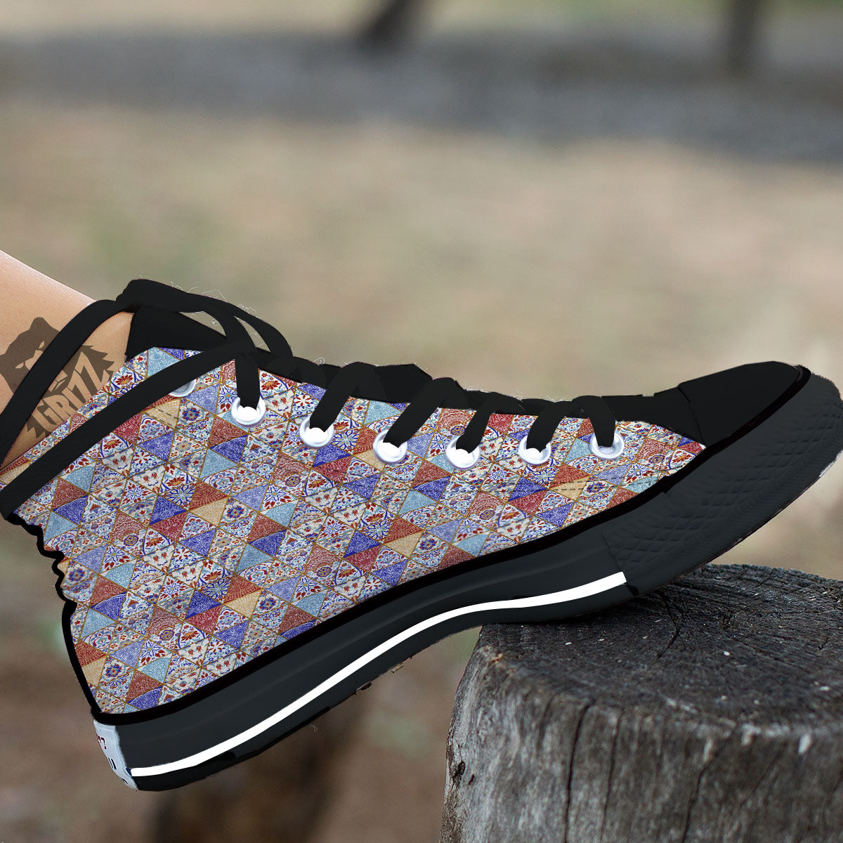 Patchwork Boho Mandala Print Pattern Black High Top Shoes-grizzshop