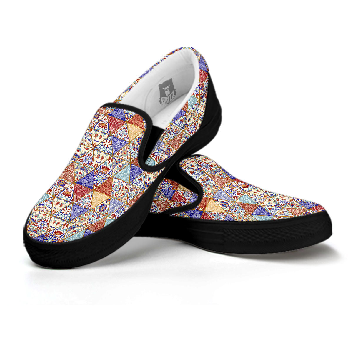 Patchwork Boho Mandala Print Pattern Black Slip On Shoes-grizzshop