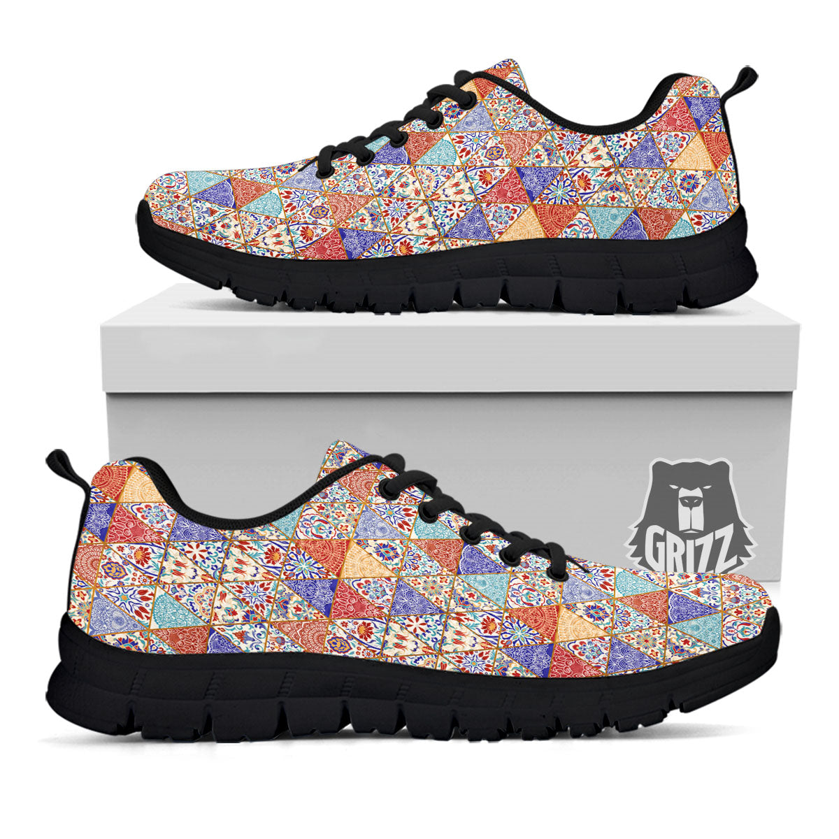 Patchwork Boho Mandala Print Pattern Black Sneaker-grizzshop
