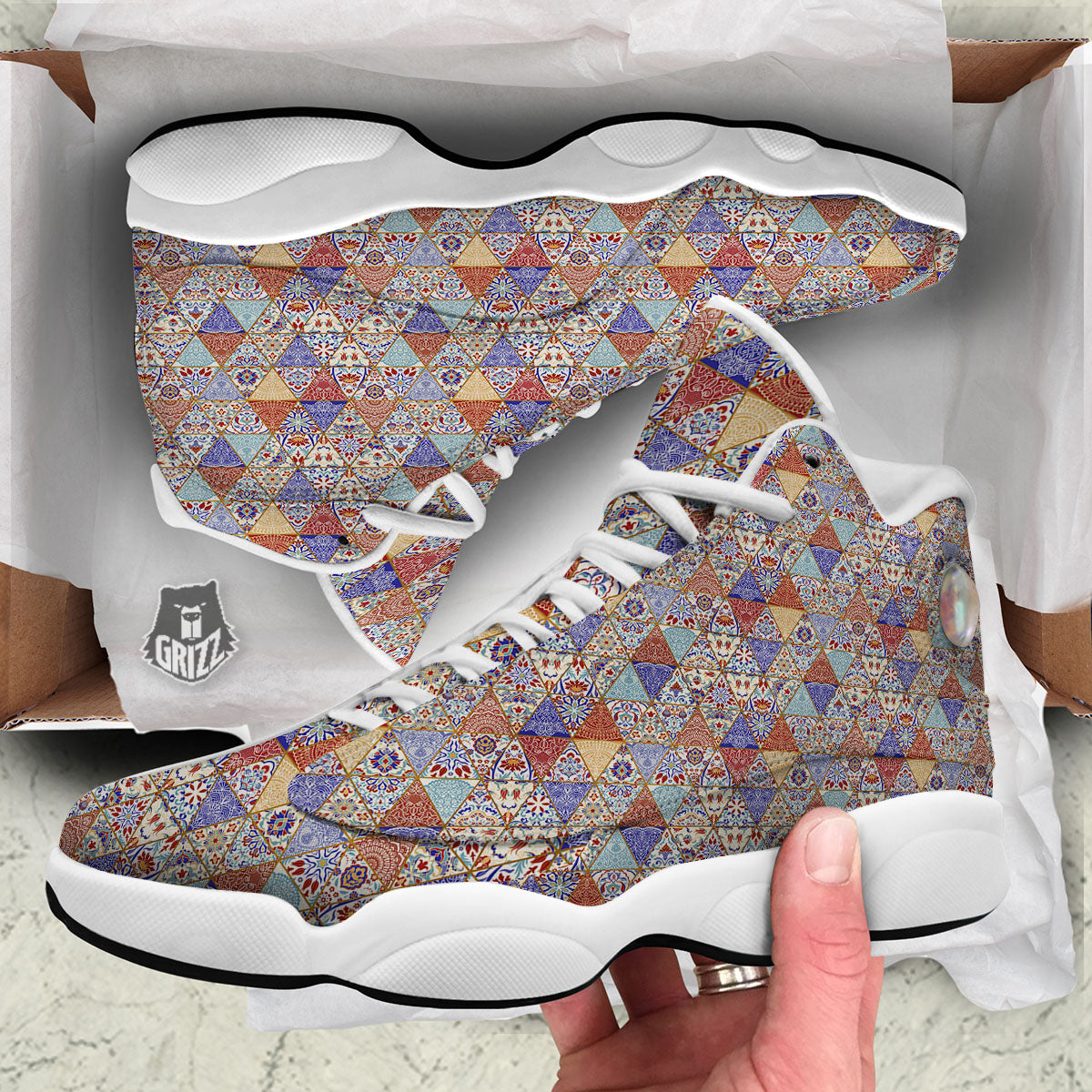 Patchwork Boho Mandala Print Pattern White Basketball Shoes-grizzshop