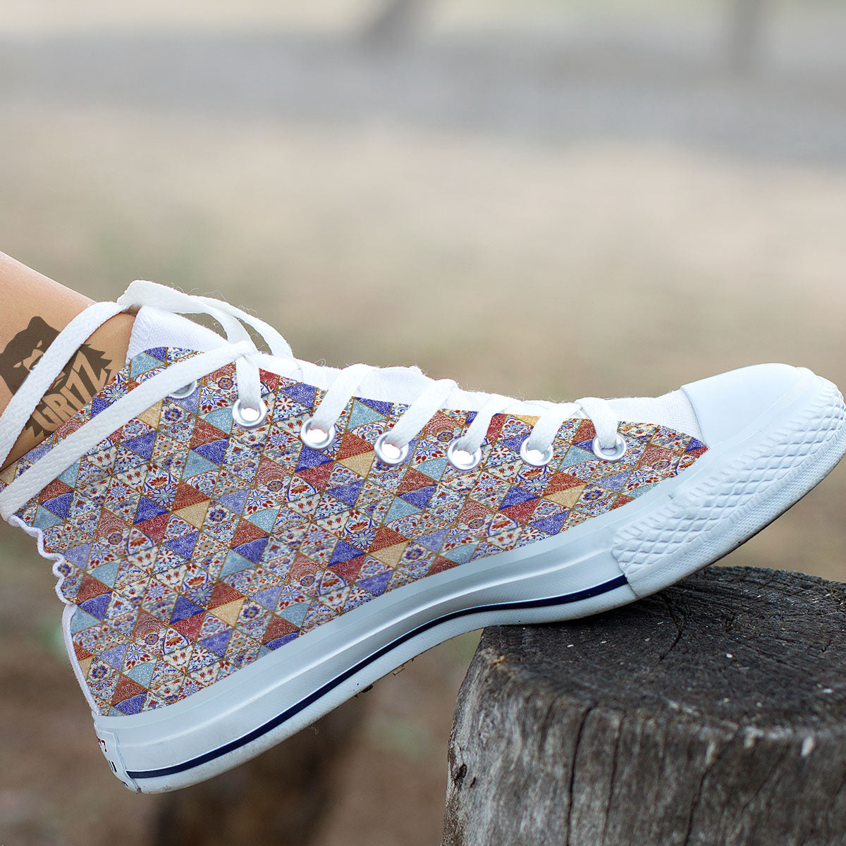 Patchwork Boho Mandala Print Pattern White High Top Shoes-grizzshop