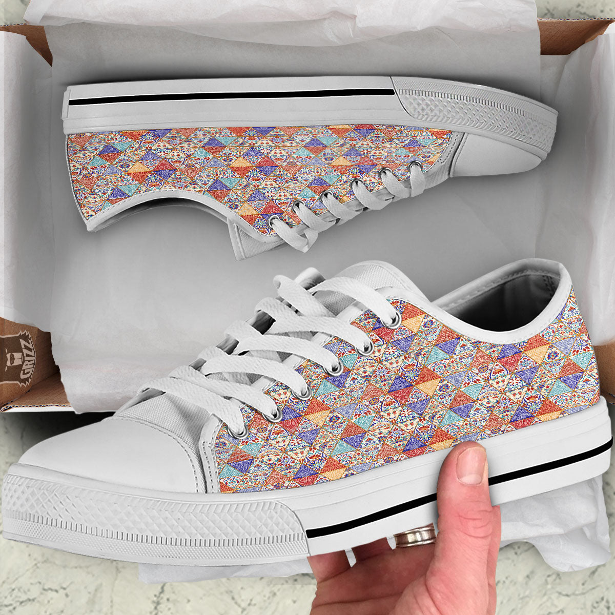 Patchwork Boho Mandala Print Pattern White Low Top Shoes-grizzshop