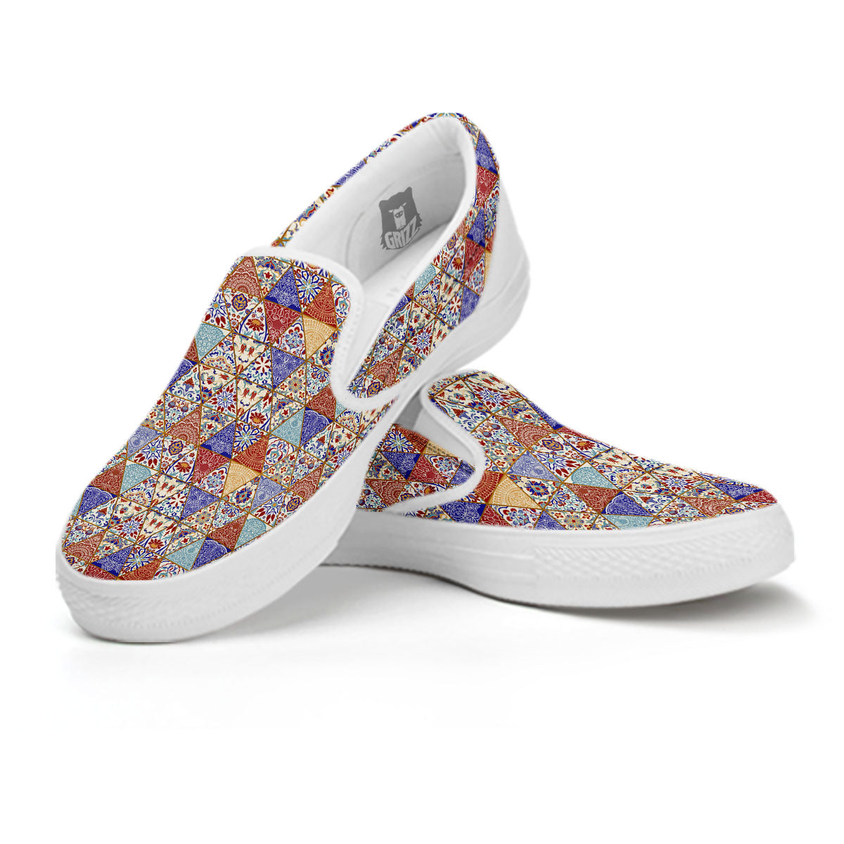 Patchwork Boho Mandala Print Pattern White Slip On Shoes-grizzshop