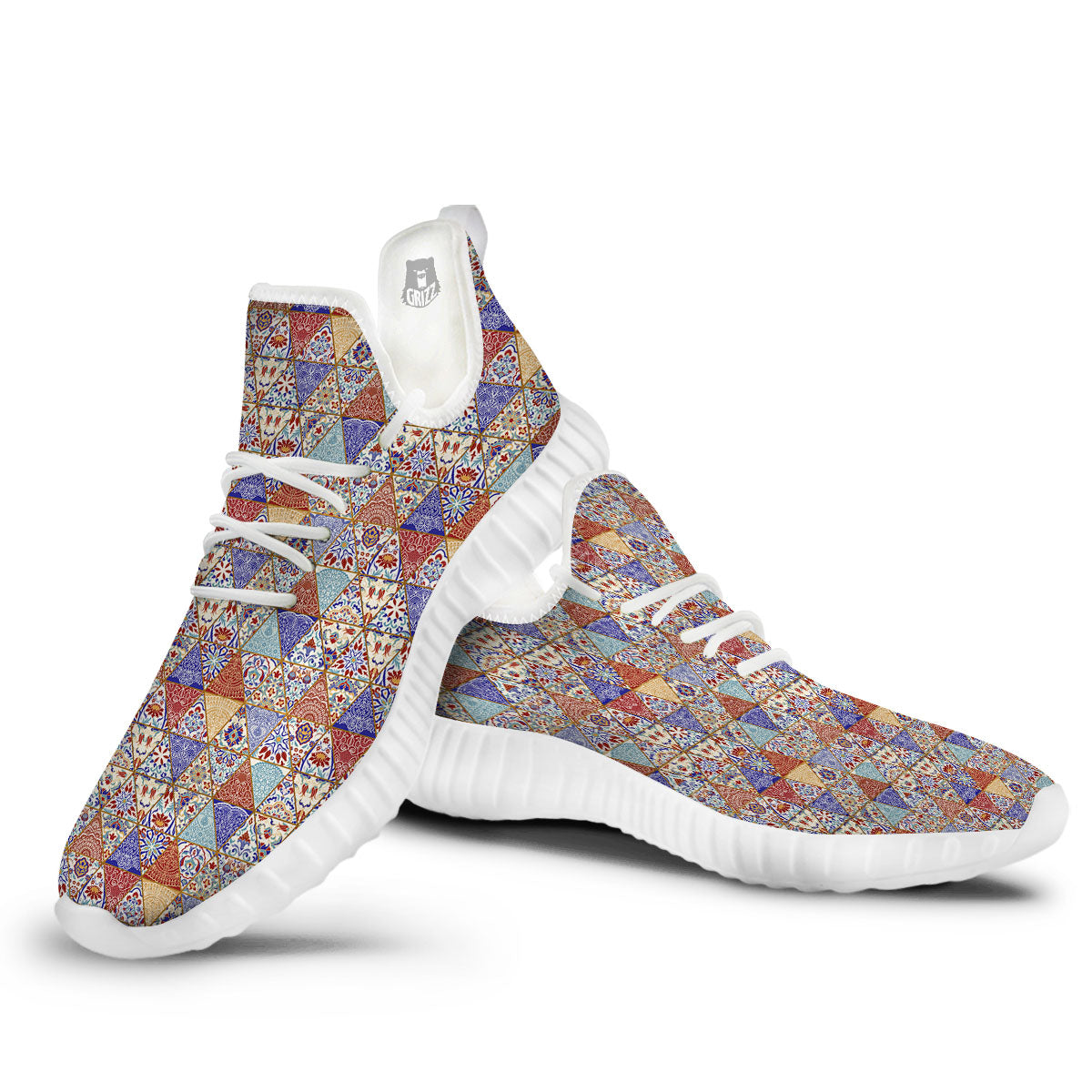 Patchwork Boho Mandala Print Pattern White Walking Shoes-grizzshop