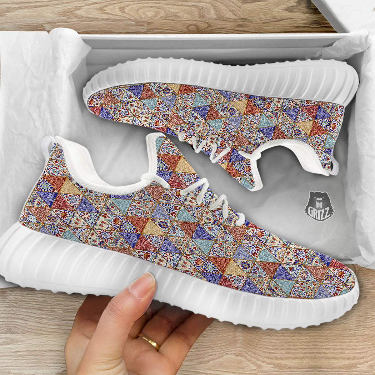 Patchwork Boho Mandala Print Pattern White Walking Shoes-grizzshop