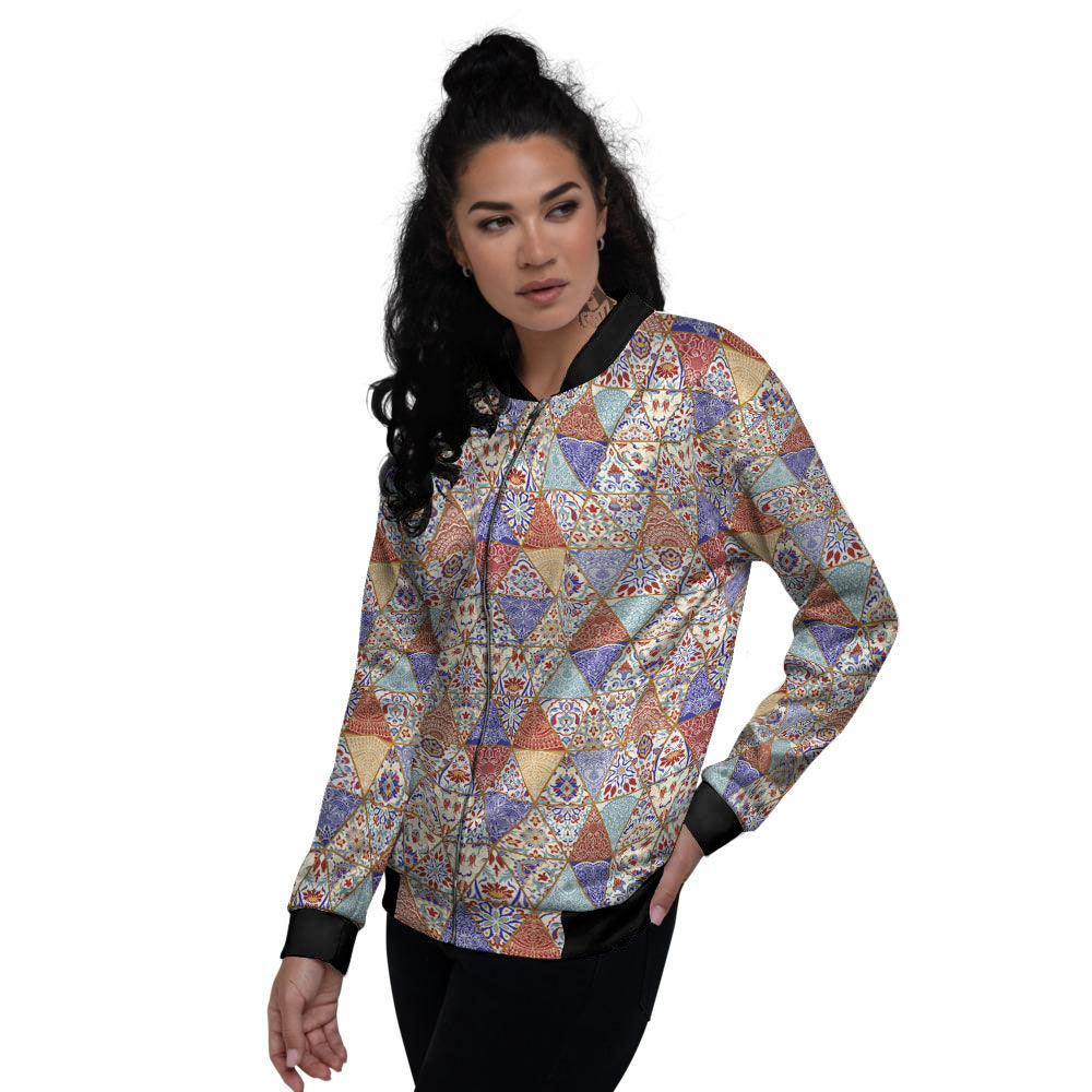 Patchwork Boho Mandala Print Pattern Women's Bomber Jacket-grizzshop