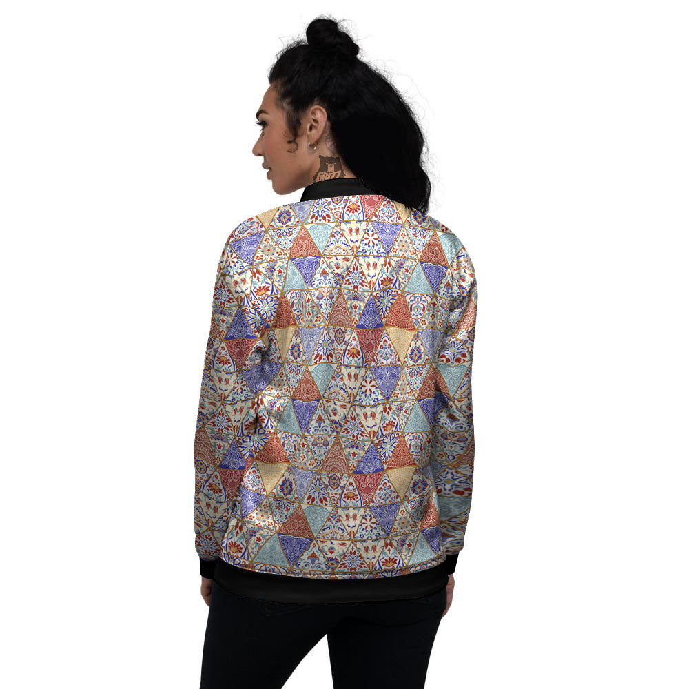 Patchwork Boho Mandala Print Pattern Women's Bomber Jacket-grizzshop