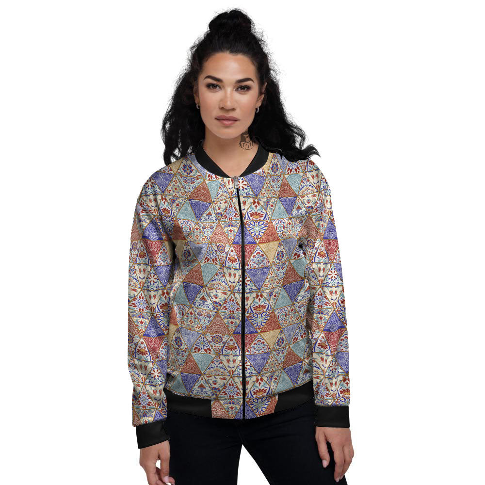 Patchwork Boho Mandala Print Pattern Women's Bomber Jacket-grizzshop