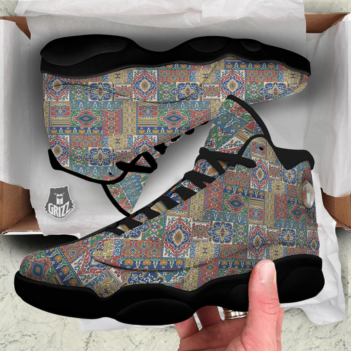 Patchwork Damask Vintage Print Pattern Black Basketball Shoes-grizzshop