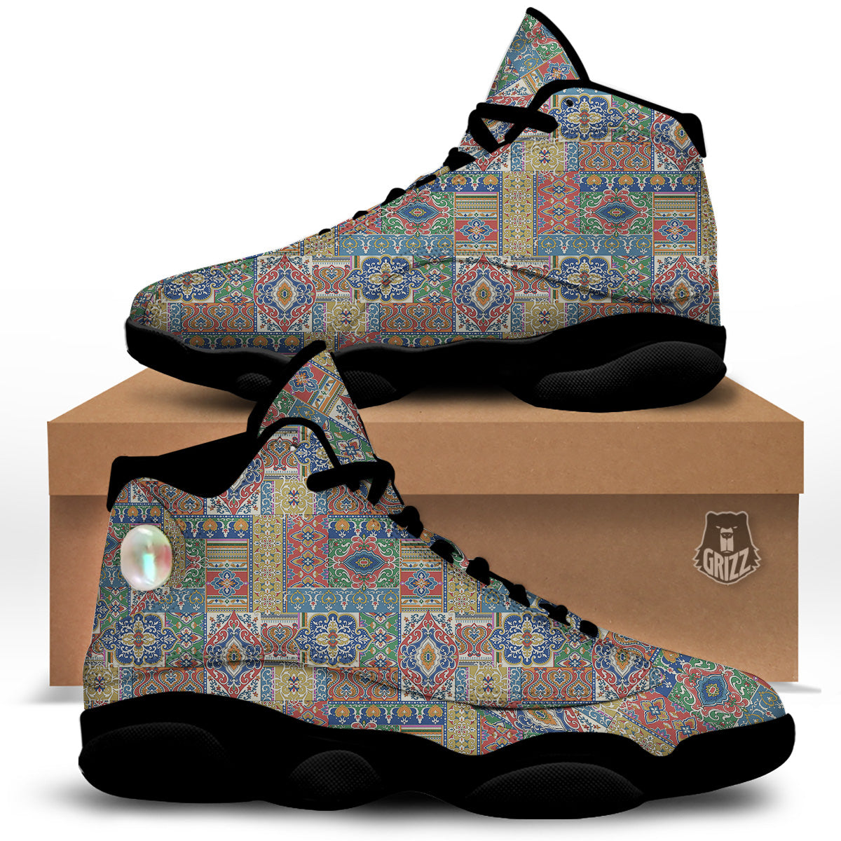 Patchwork Damask Vintage Print Pattern Black Basketball Shoes-grizzshop