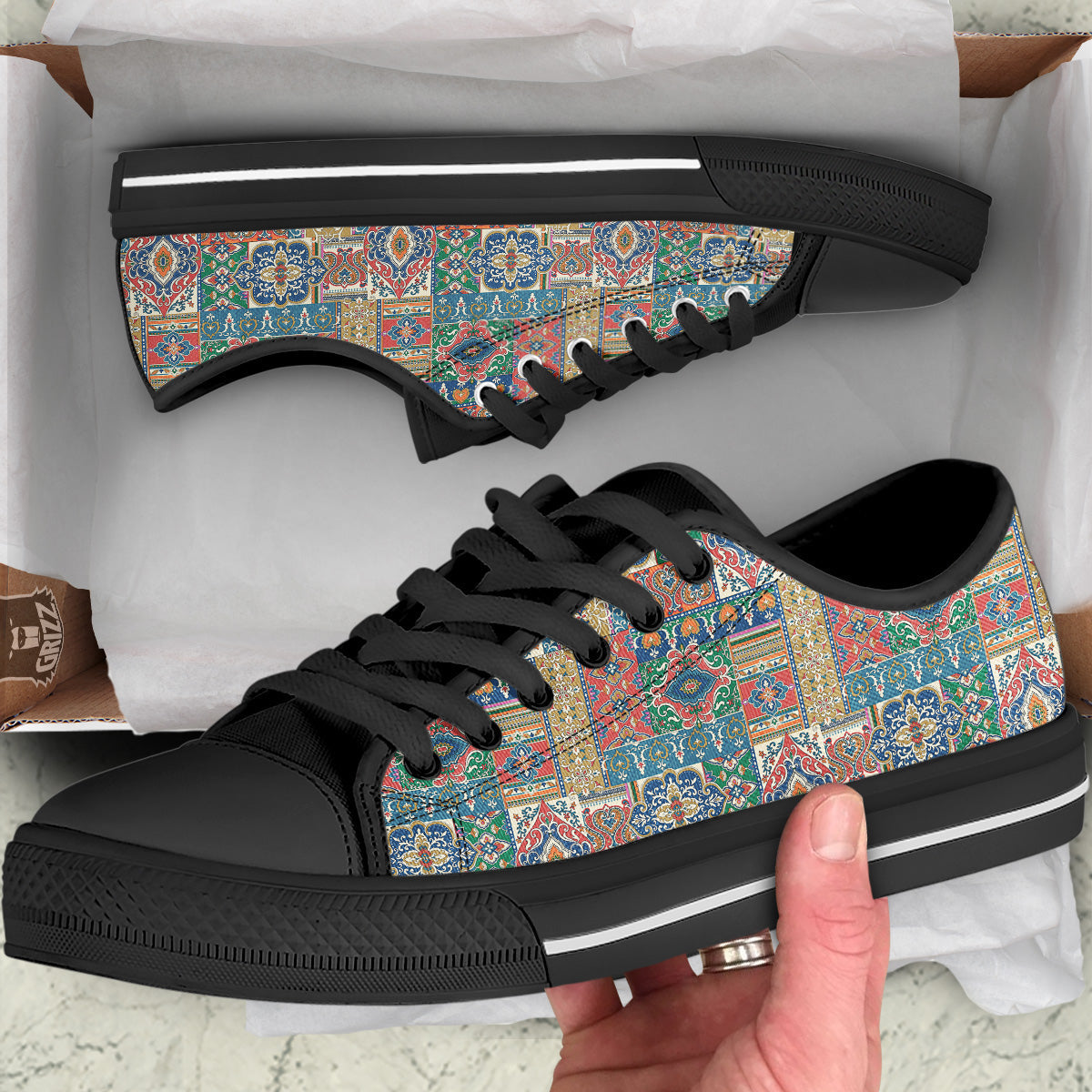 Patchwork Damask Vintage Print Pattern Black Low Top Shoes-grizzshop