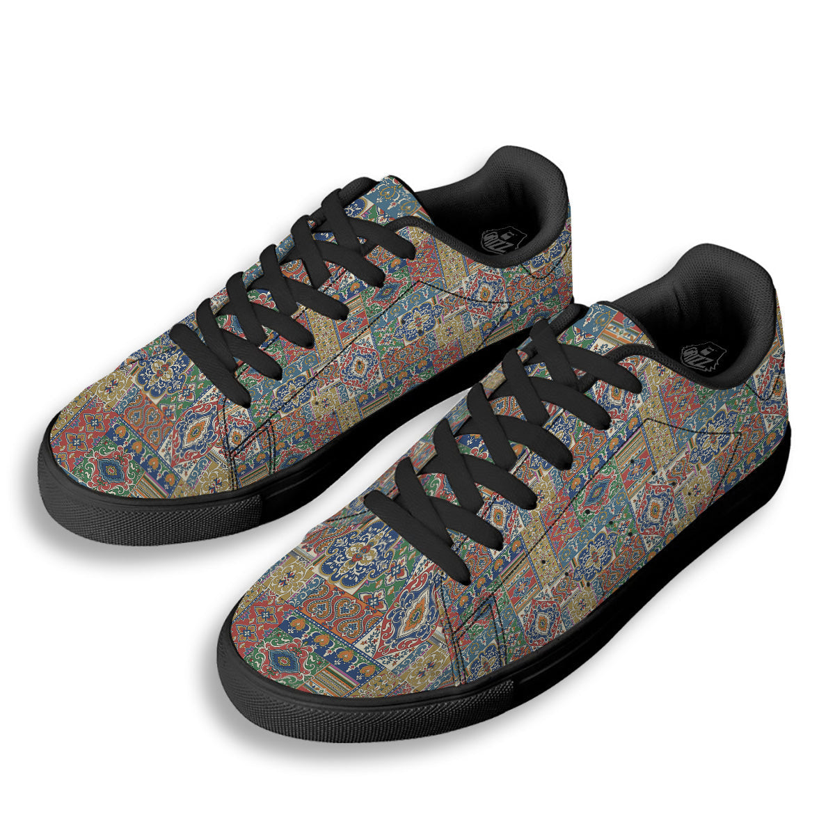 Patchwork Damask Vintage Print Pattern Black Low Top Sneakers-grizzshop
