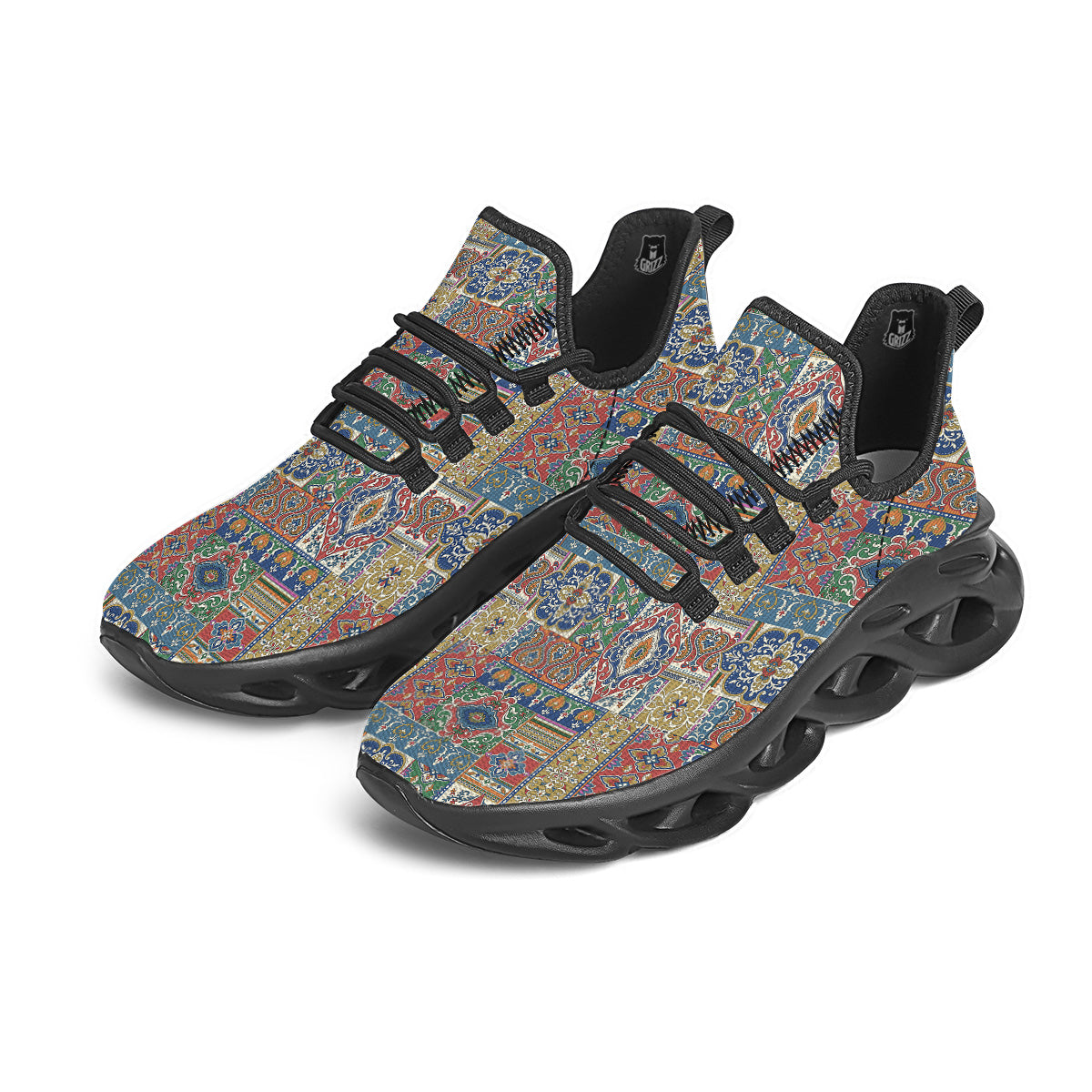 Patchwork Damask Vintage Print Pattern Black Running Shoes-grizzshop