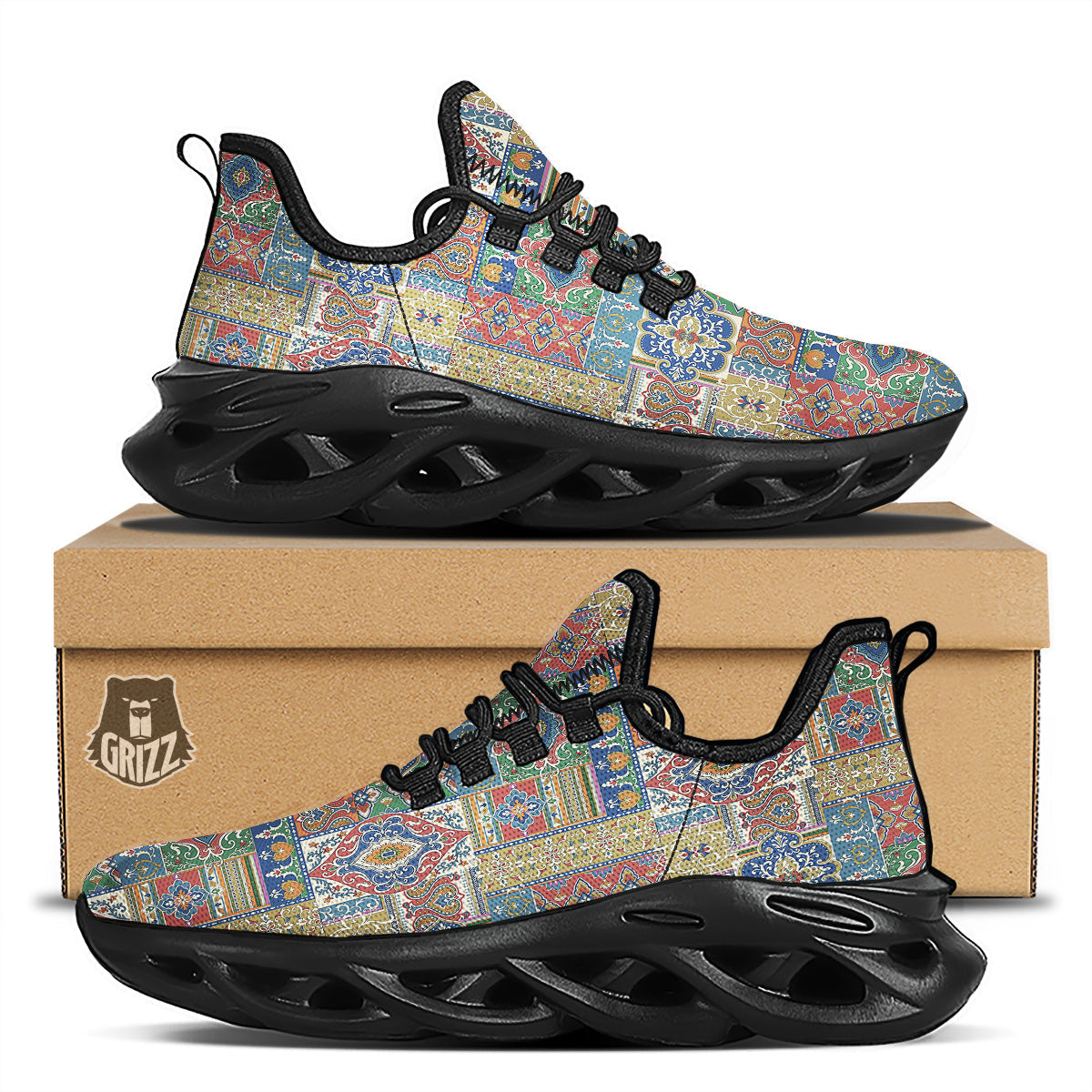Patchwork Damask Vintage Print Pattern Black Running Shoes-grizzshop