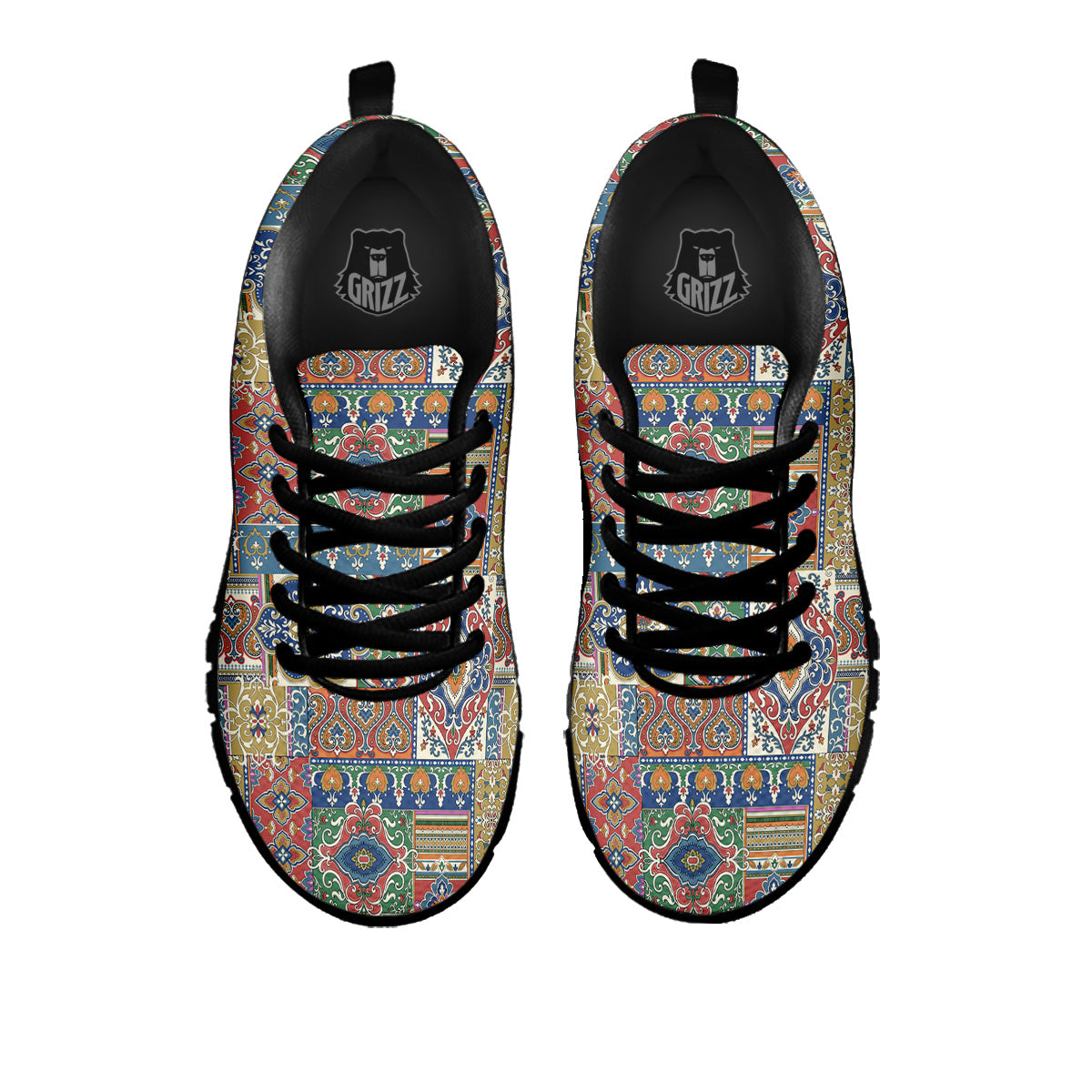 Patchwork Damask Vintage Print Pattern Black Sneaker-grizzshop