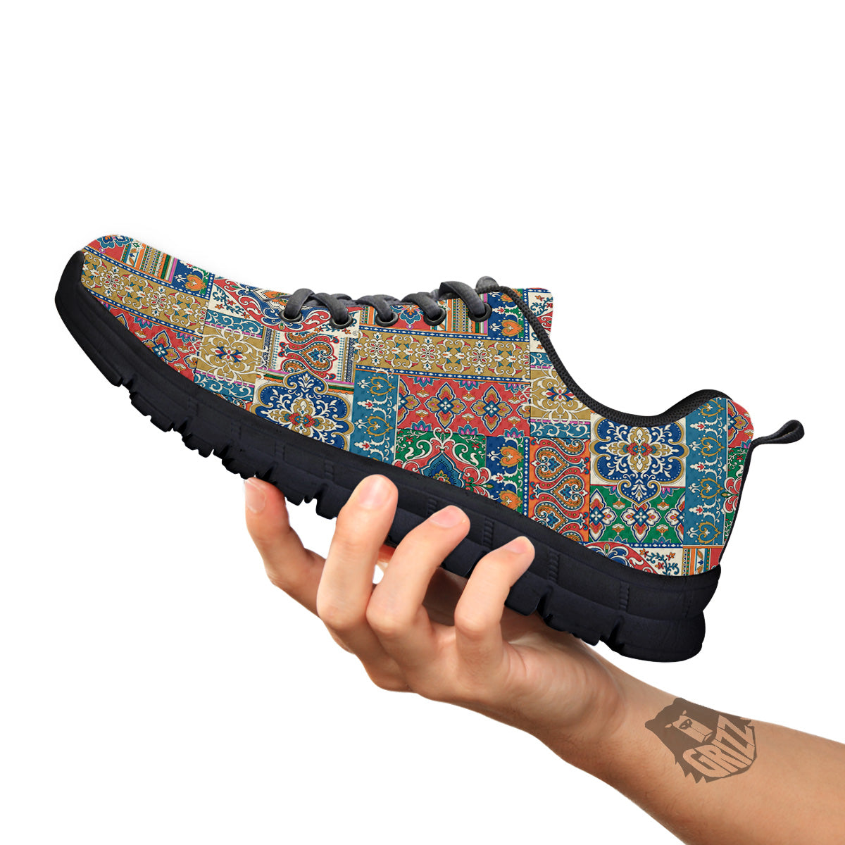 Patchwork Damask Vintage Print Pattern Black Sneaker-grizzshop