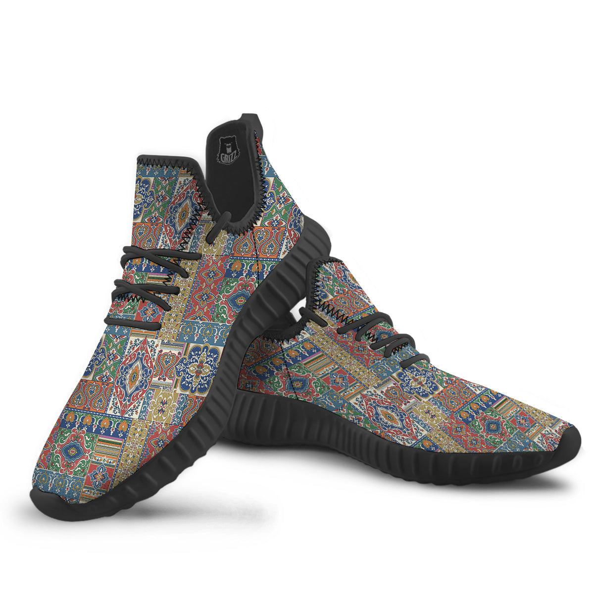Patchwork Damask Vintage Print Pattern Black Walking Shoes-grizzshop