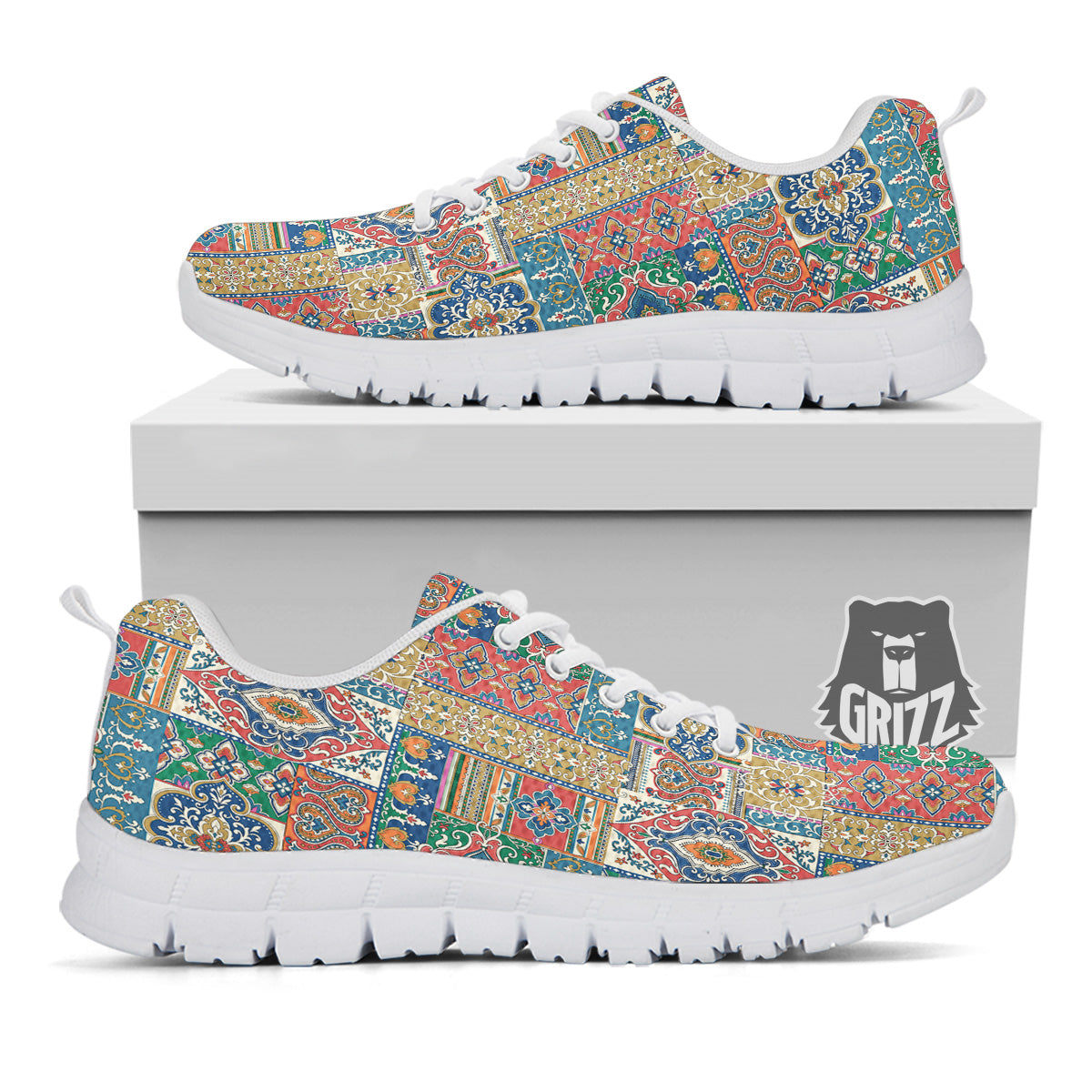 Patchwork Damask Vintage Print Pattern White Sneaker-grizzshop