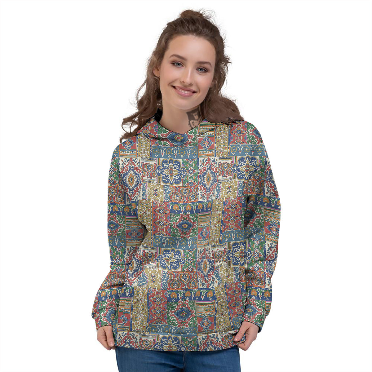Patchwork Damask Vintage Print Pattern Women's Hoodie-grizzshop