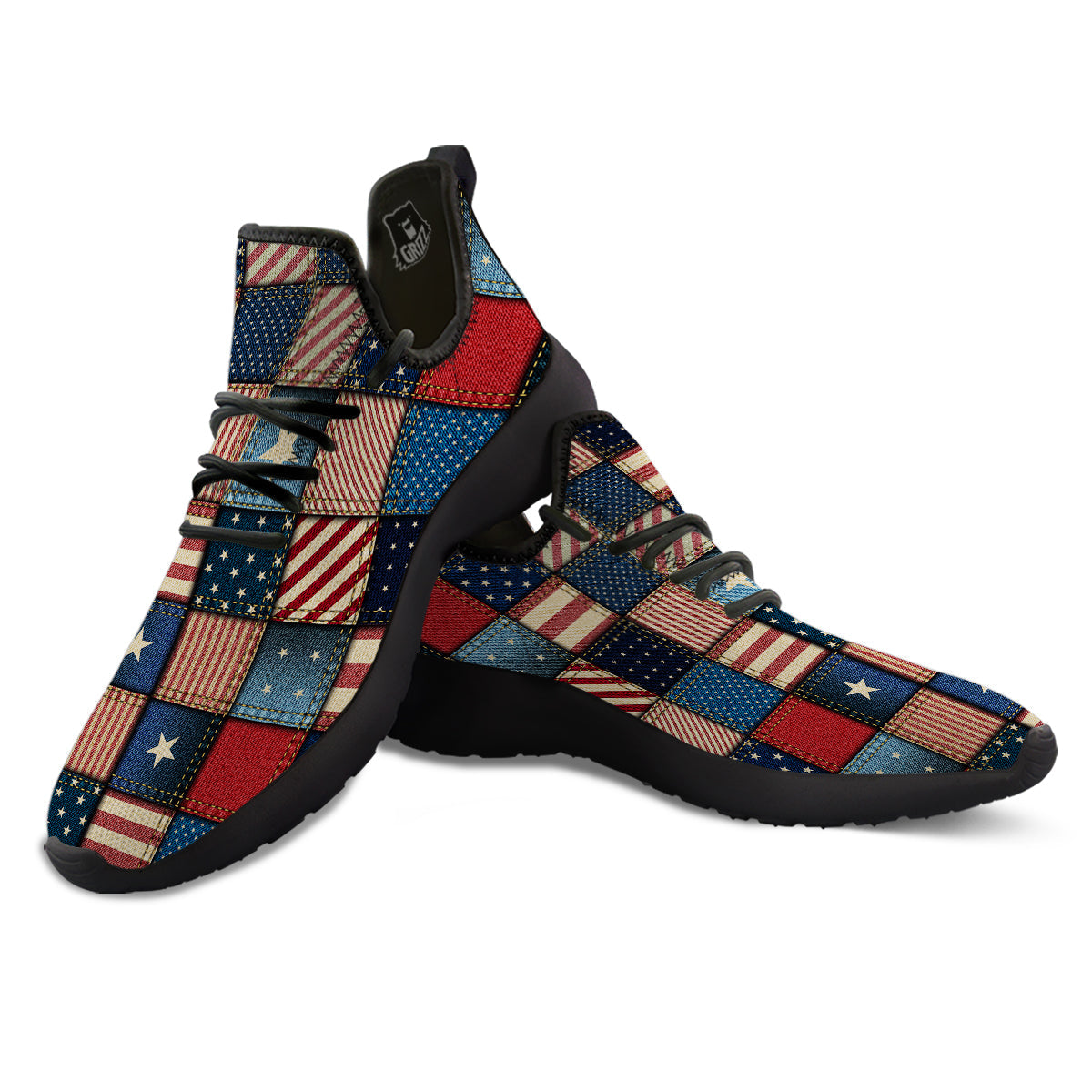 Patchwork Denim American Print Pattern Black Athletic Shoes-grizzshop