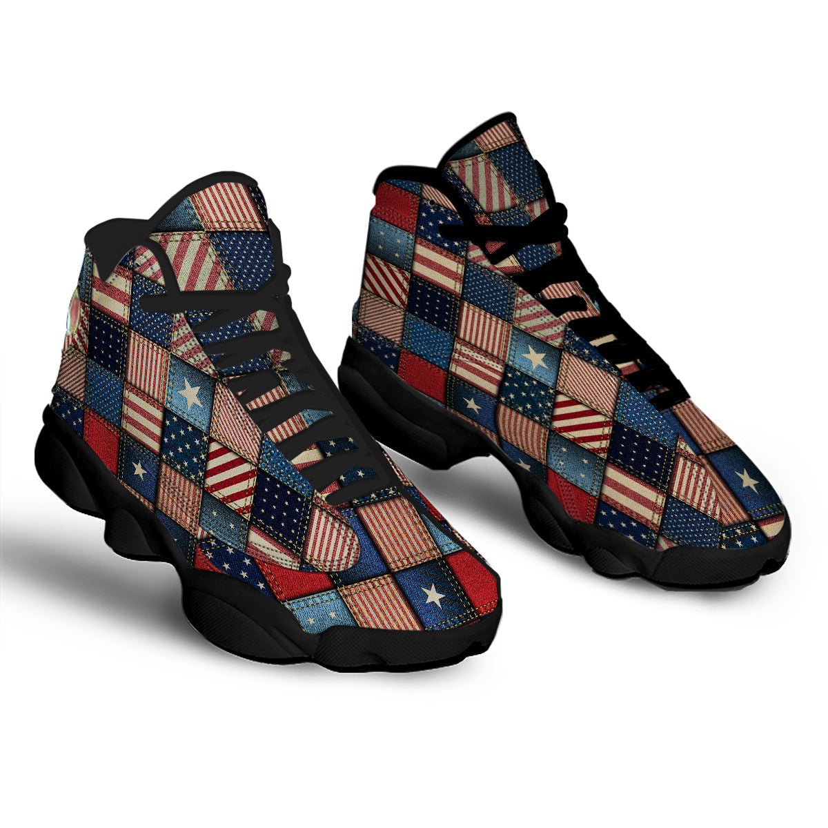 Patchwork Denim American Print Pattern Black Basketball Shoes-grizzshop