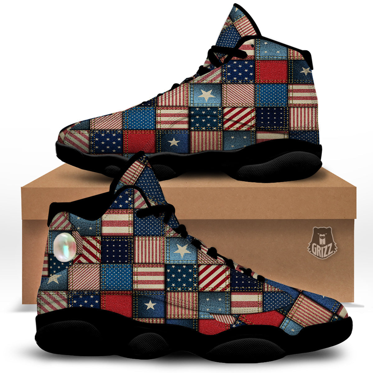 Patchwork Denim American Print Pattern Black Basketball Shoes-grizzshop