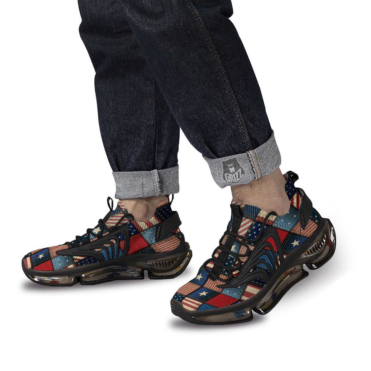 Patchwork Denim American Print Pattern Black Gym Shoes-grizzshop