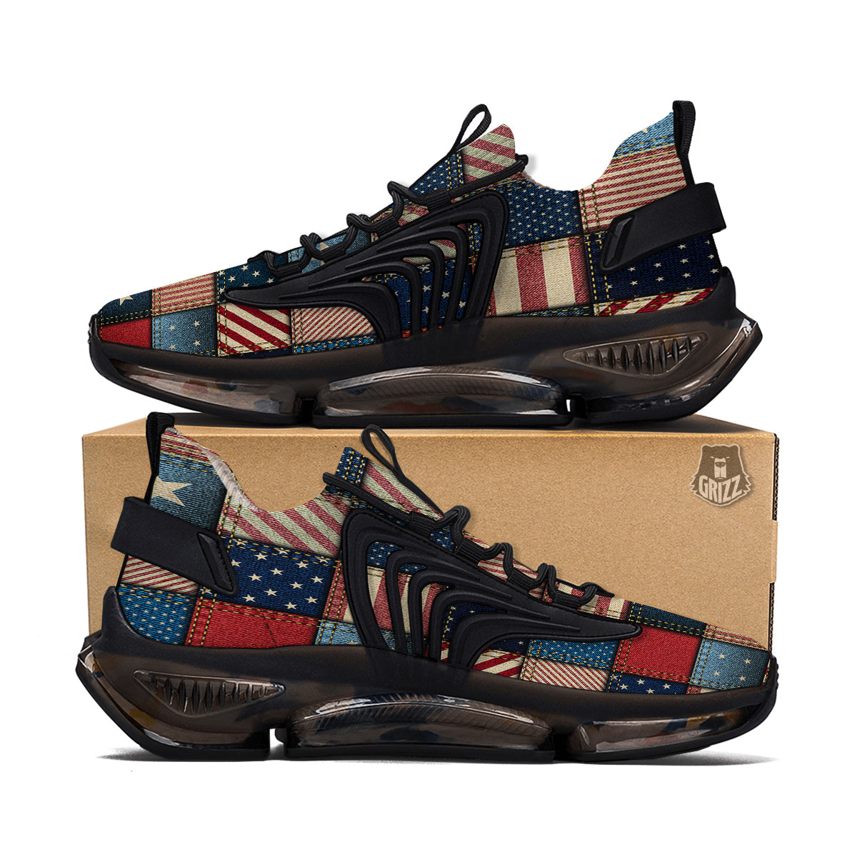 Patchwork Denim American Print Pattern Black Gym Shoes-grizzshop