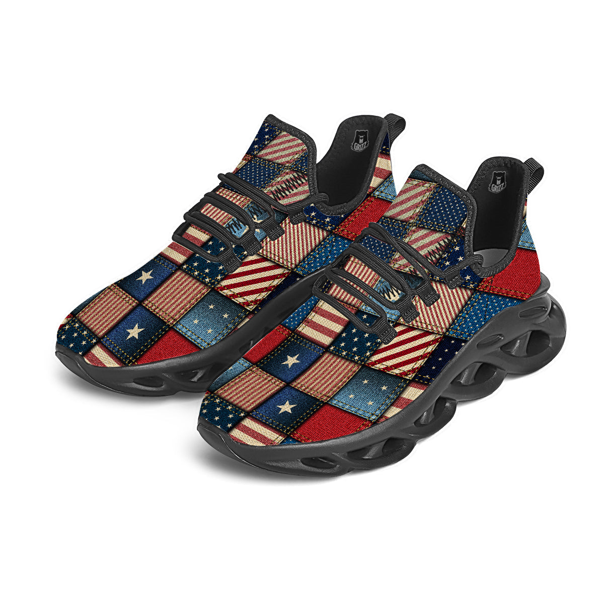 Patchwork Denim American Print Pattern Black Running Shoes-grizzshop