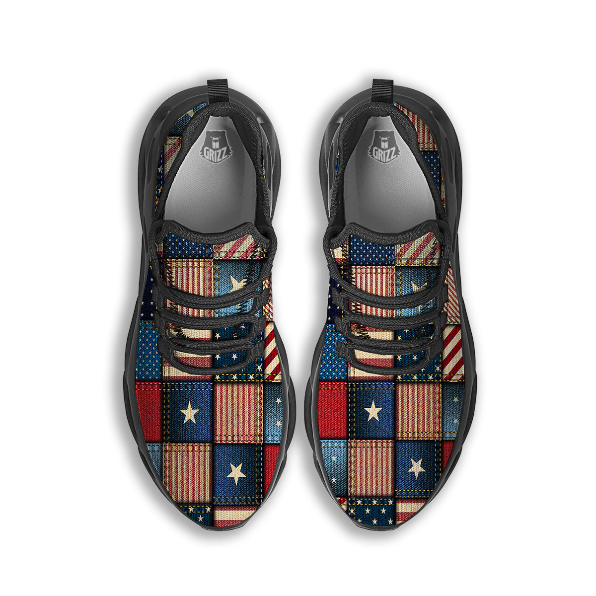 Patchwork Denim American Print Pattern Black Running Shoes-grizzshop