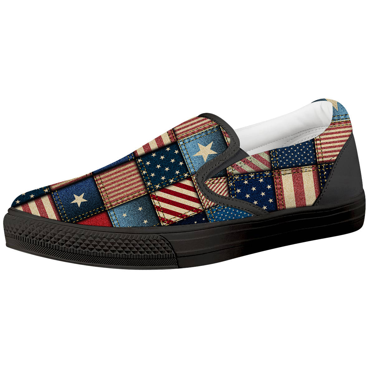 Patchwork Denim American Print Pattern Black Slip On Shoes-grizzshop