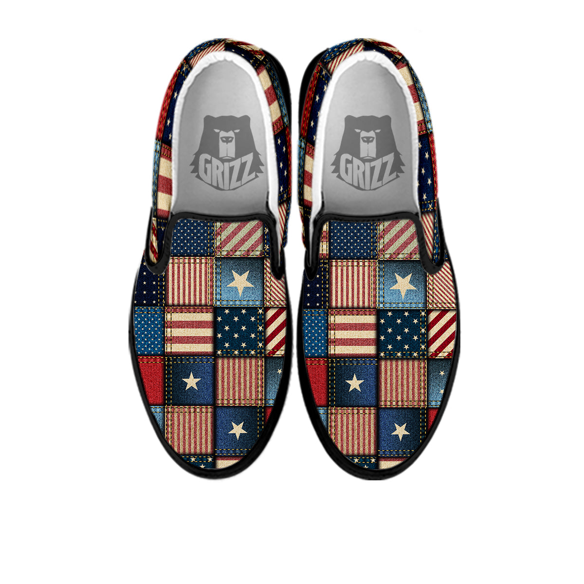 Patchwork Denim American Print Pattern Black Slip On Shoes-grizzshop