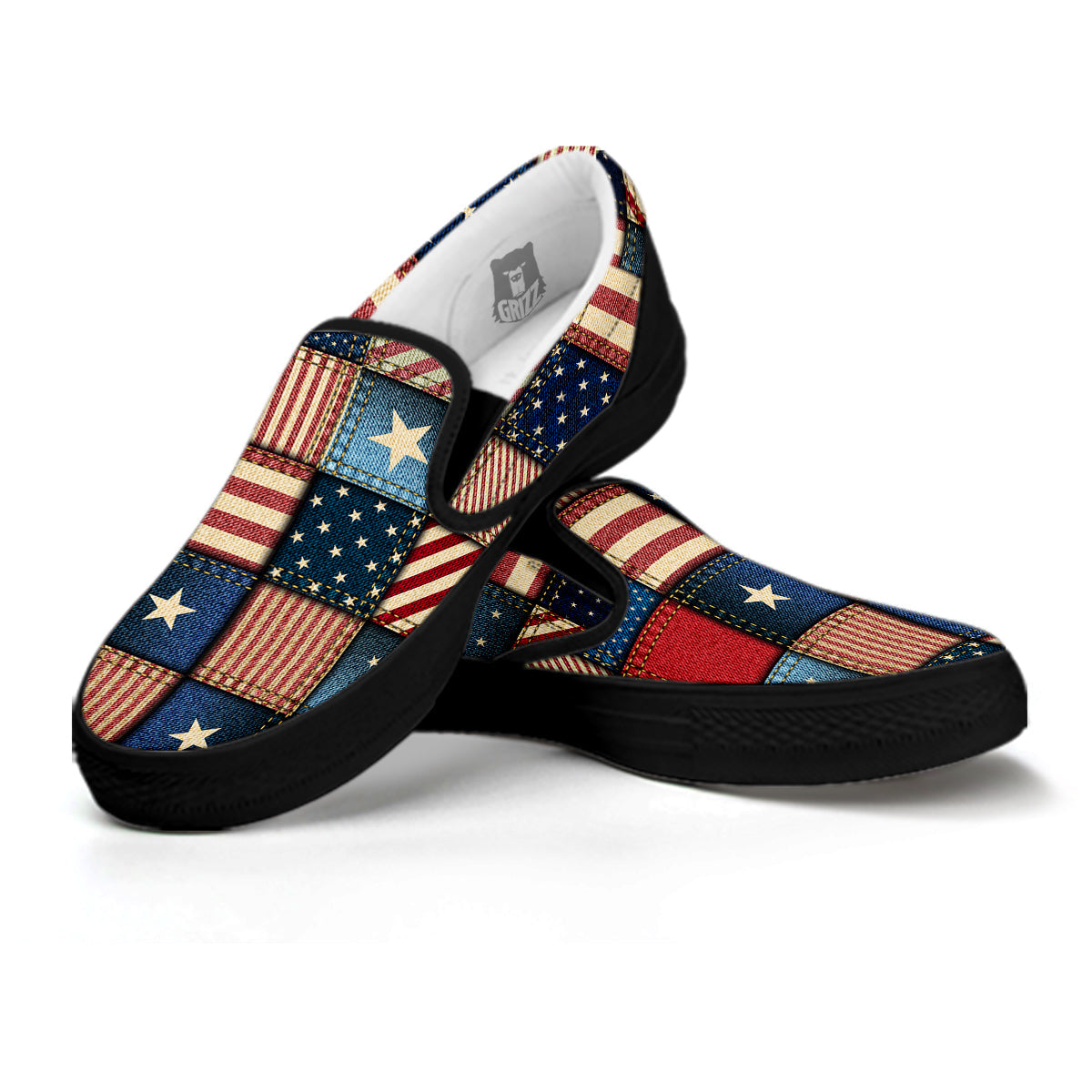 Patchwork Denim American Print Pattern Black Slip On Shoes-grizzshop