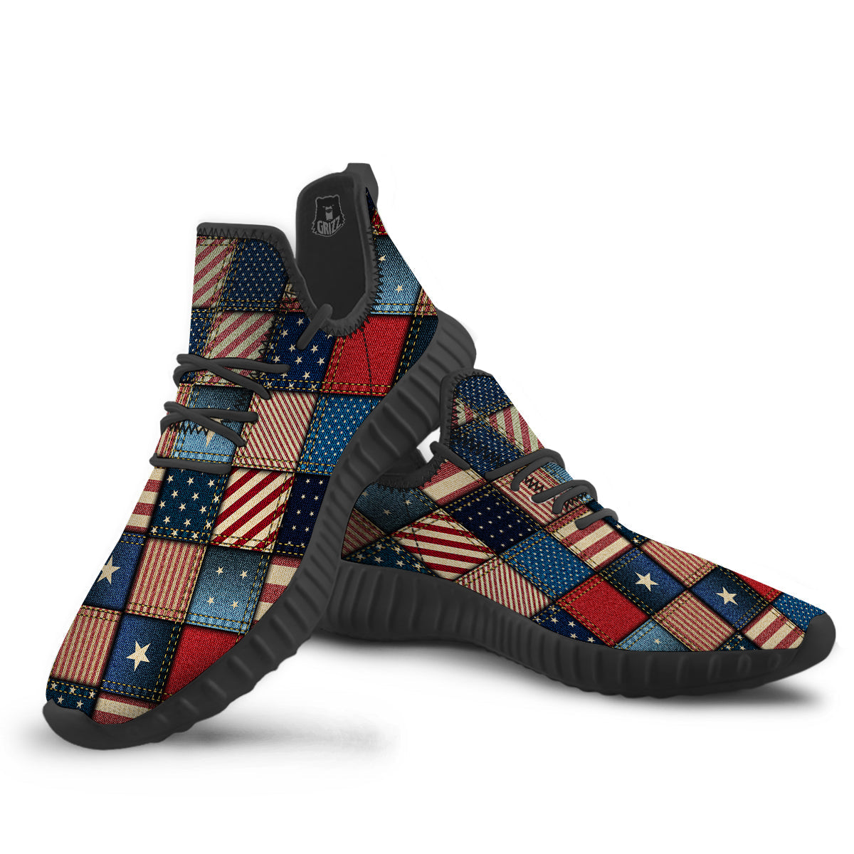 Patchwork Denim American Print Pattern Black Walking Shoes-grizzshop